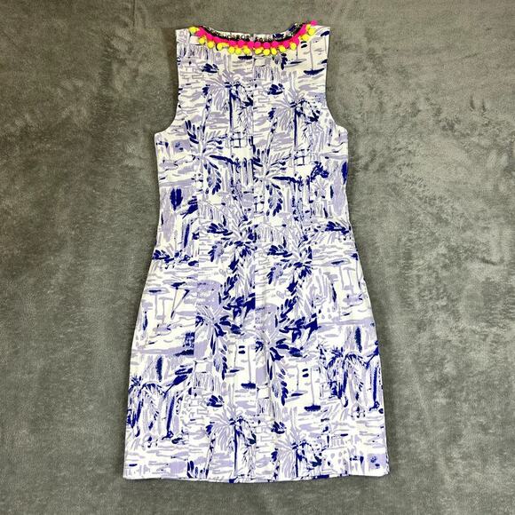 Lily Pulitzer Dress NWT Size 0 Purple Palm Print Pom Pom Trim Neckline - Picture 6 of 11